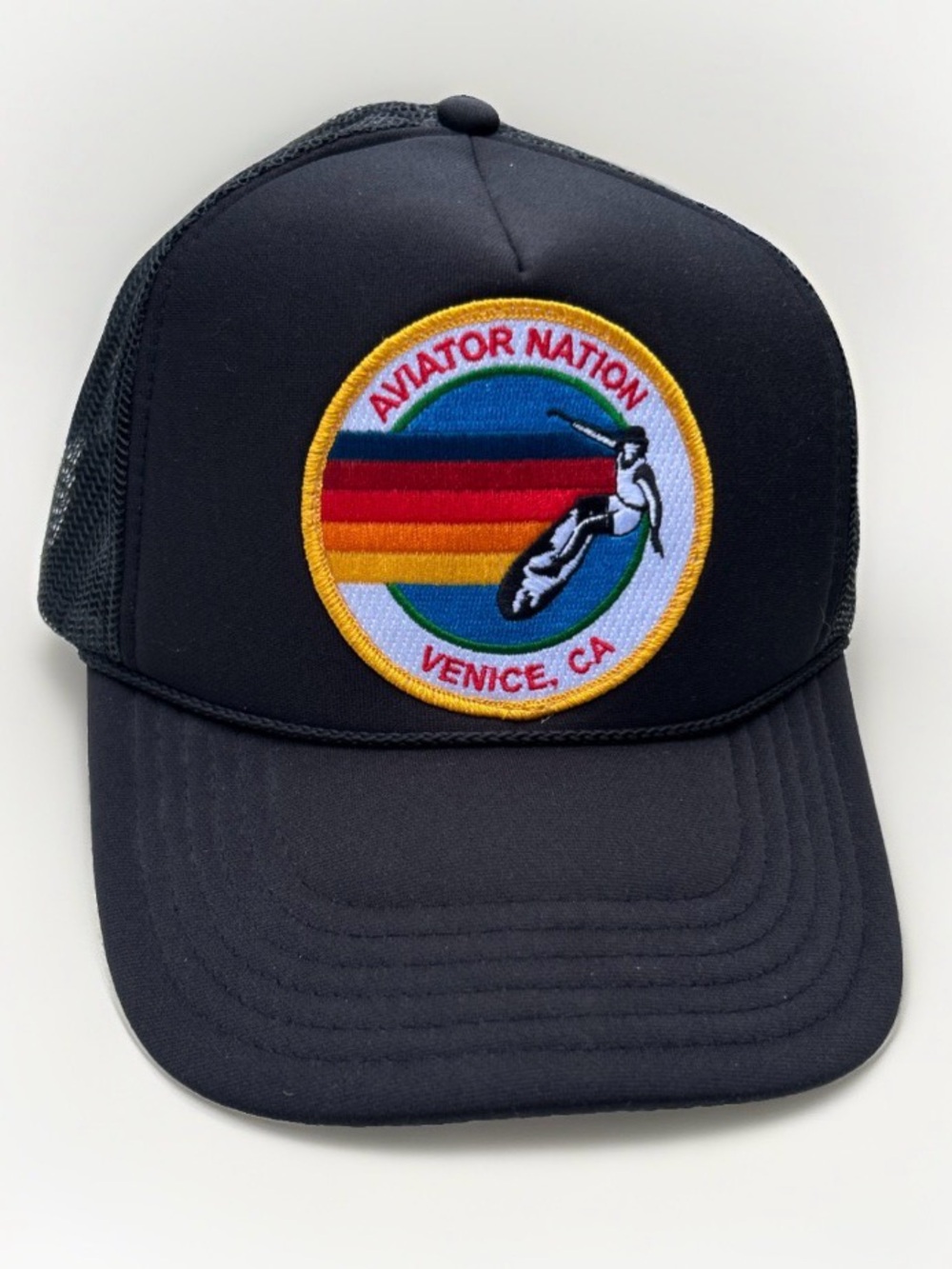 Aviator Nation Malibu CA Patch Rope Mesh Back Trucker Snapback Hat Cap Black